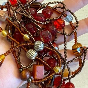 Lot of 2 Vintage Red Brown Art Glass and Natural Stones Beaded  Necklaces Bundle